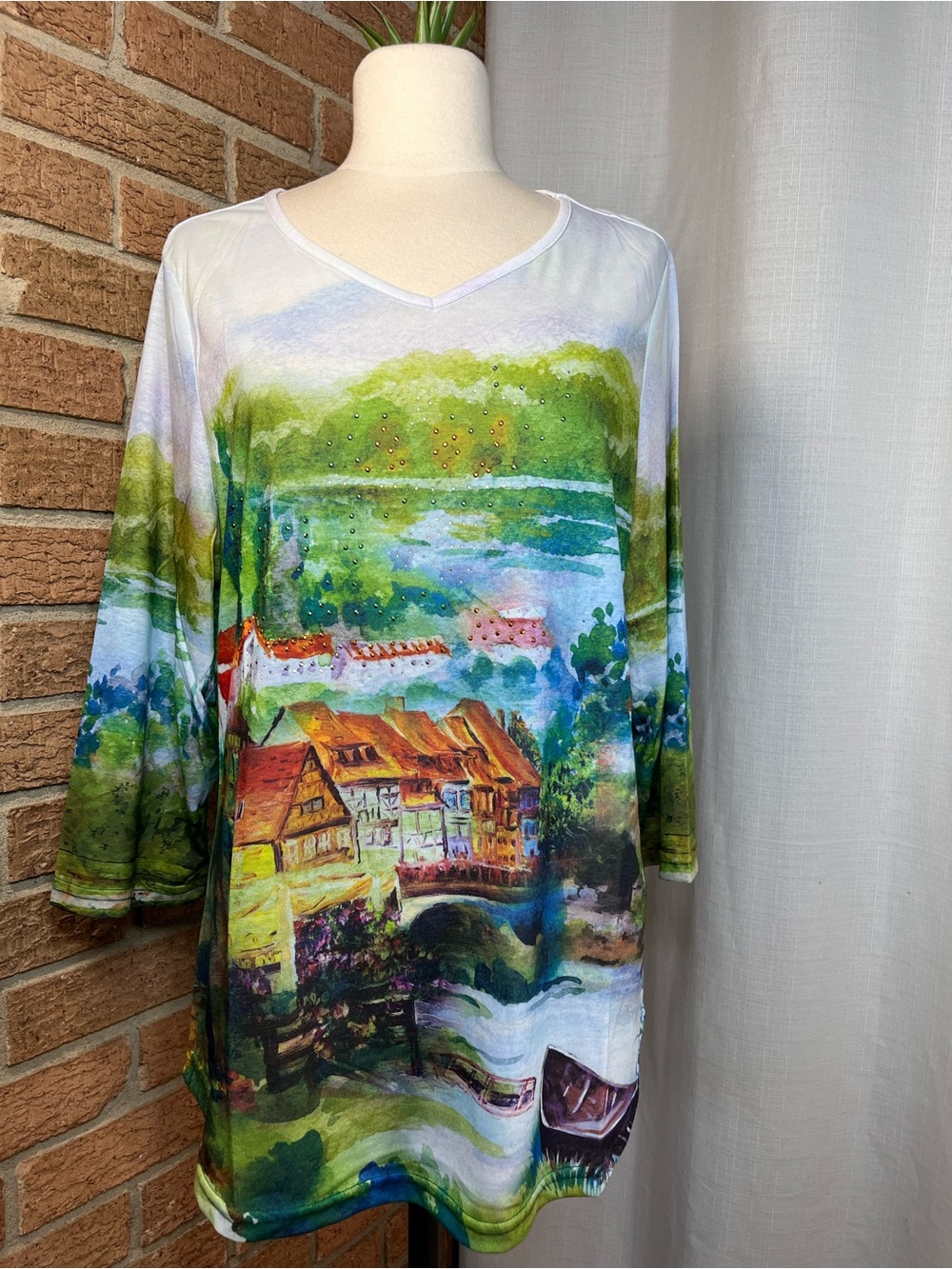 NWT BonWorth Scenic Village Print Tunic Top Rhinestone 3/4 Sleeve M L